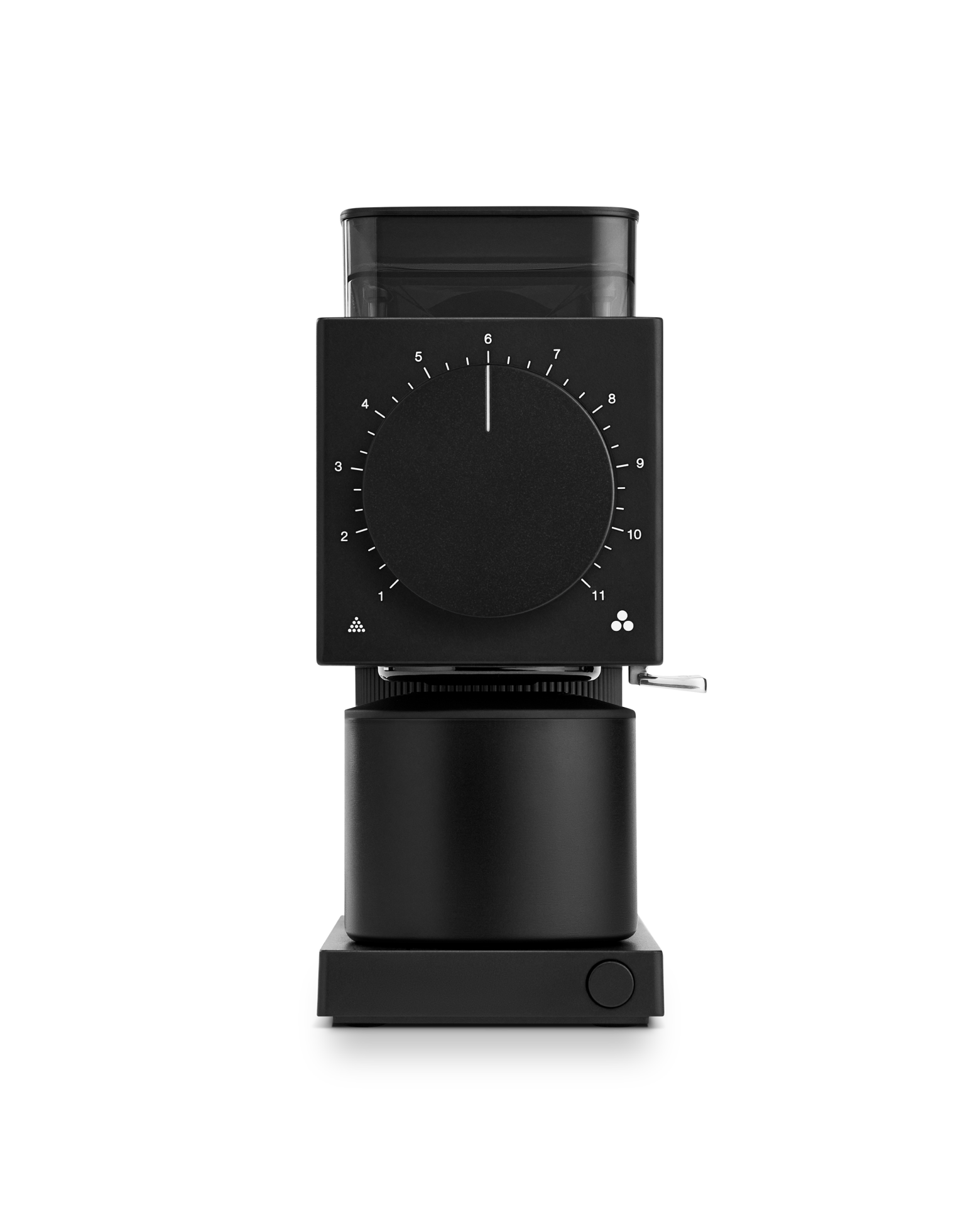 Matte Black Fellow Ode Brew Grinder Gen 2, front view on white background with numbered dial.