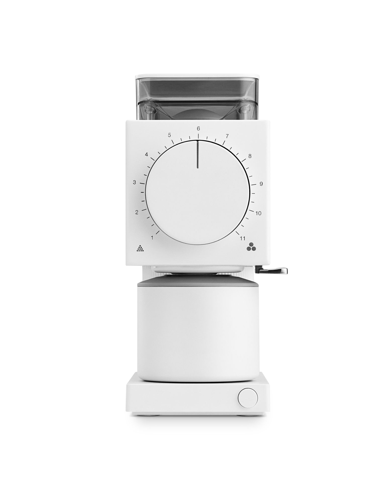 Fellow Ode Brew Grinder Gen 2 in matte white with large dial and minimalist design.