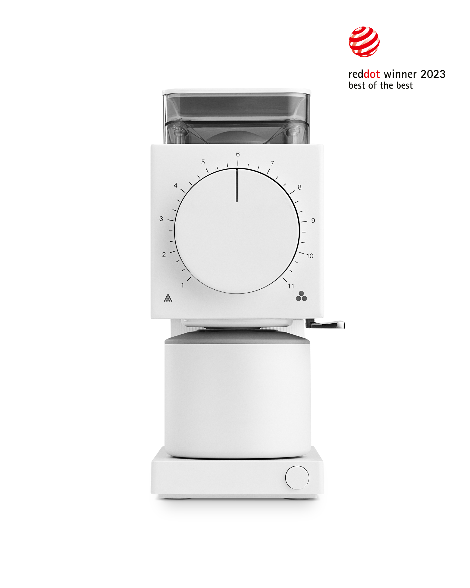 Fellow Ode Brew Grinder Gen 2 in matte white, Red Dot 2023 winner with anti-static tech.