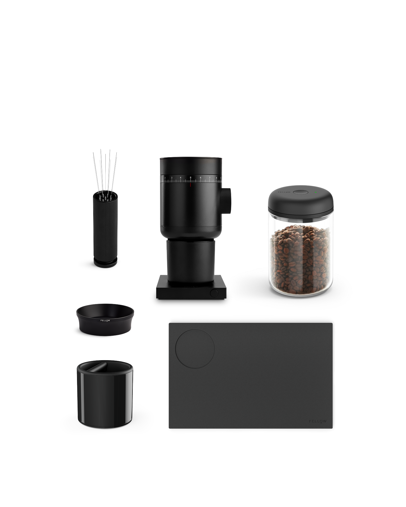Fellow Opus 2 + Espresso Accessories Bundle: grinder set with jar for consistent espresso.