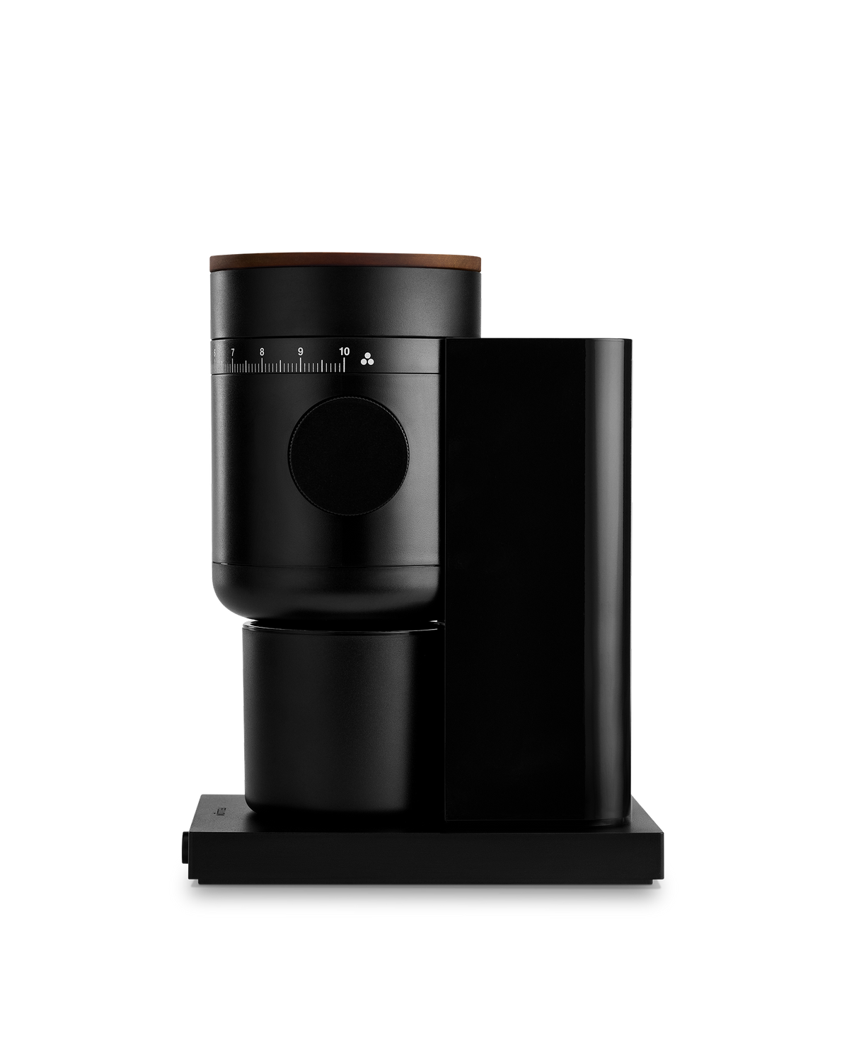 Fellow Opus 2 conical burr grinder in matte black + walnut, sleek and cylindrical.