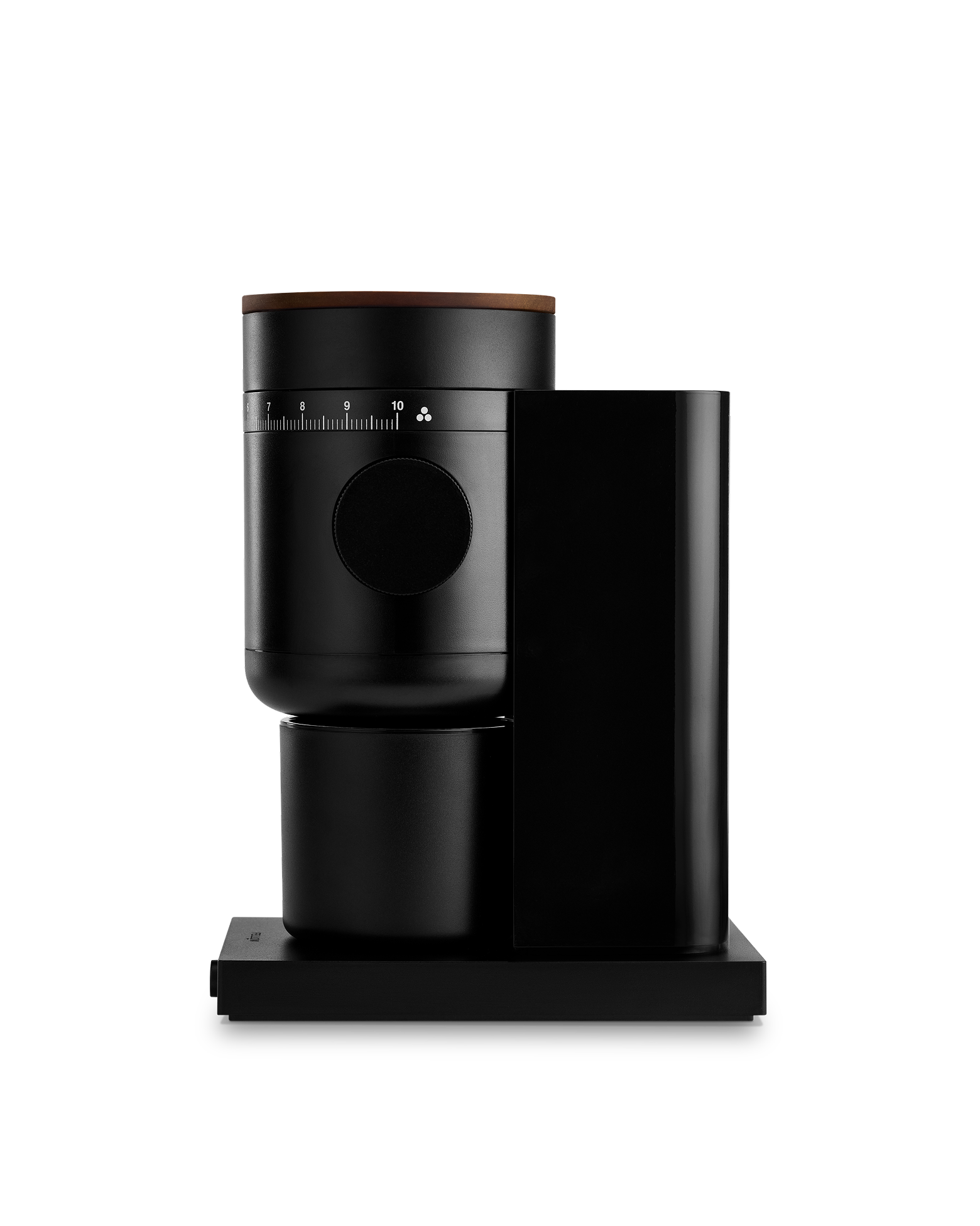 Fellow Opus 2 conical burr grinder in matte black + walnut, sleek and cylindrical.