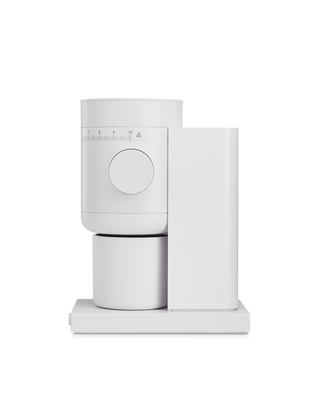 Fellow Opus 2 Conical Burr Grinder in matte white with a modern, minimalist design.