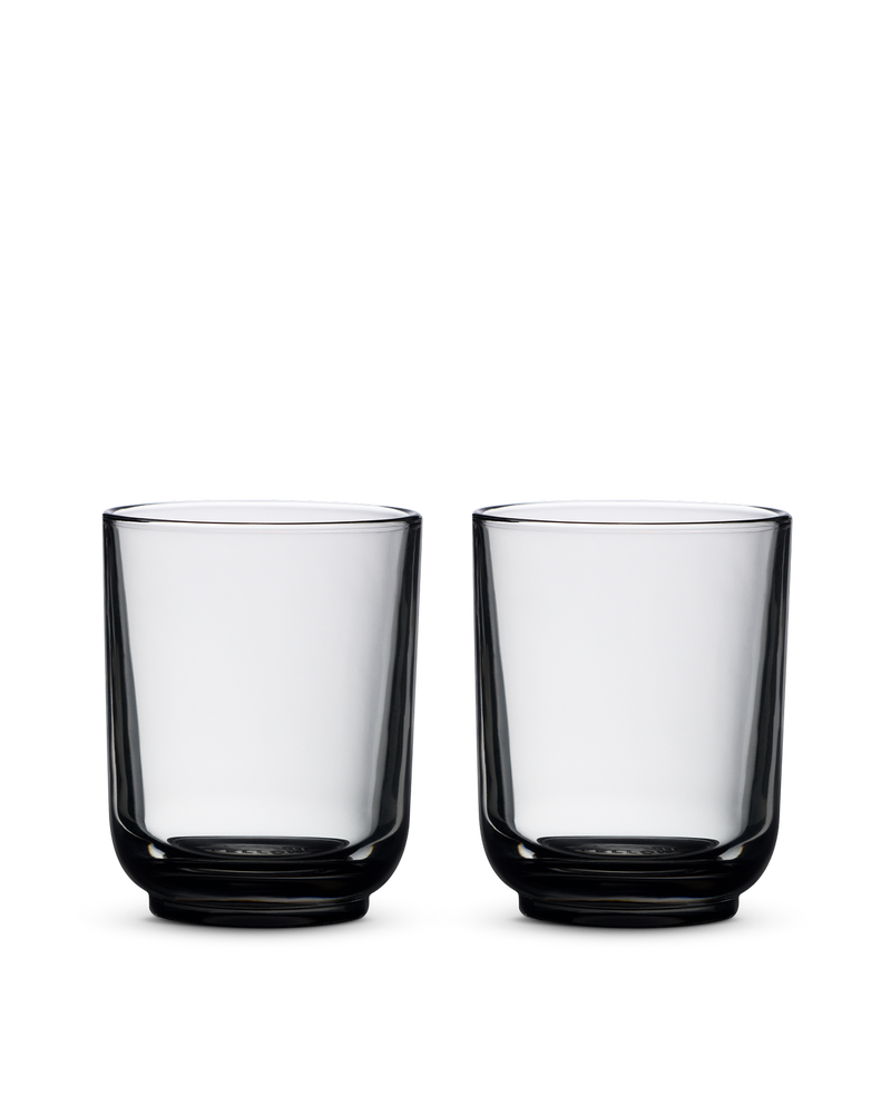Two clear Pirch Espresso Glasses by Fellow on a plain white background.