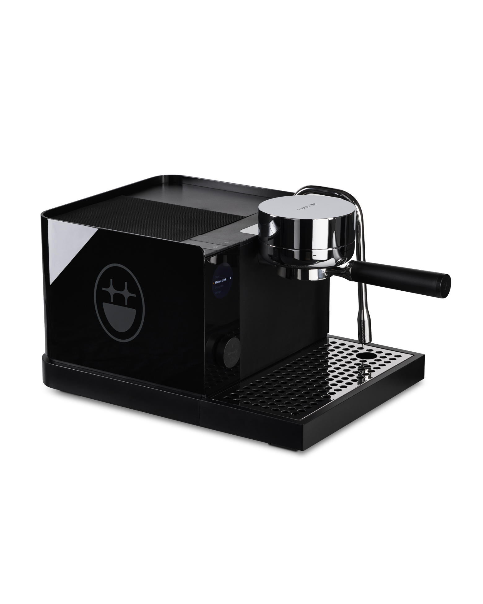Fellow BIGFACE x Fellow Espresso Series 1 in black with portafilter and drip tray.