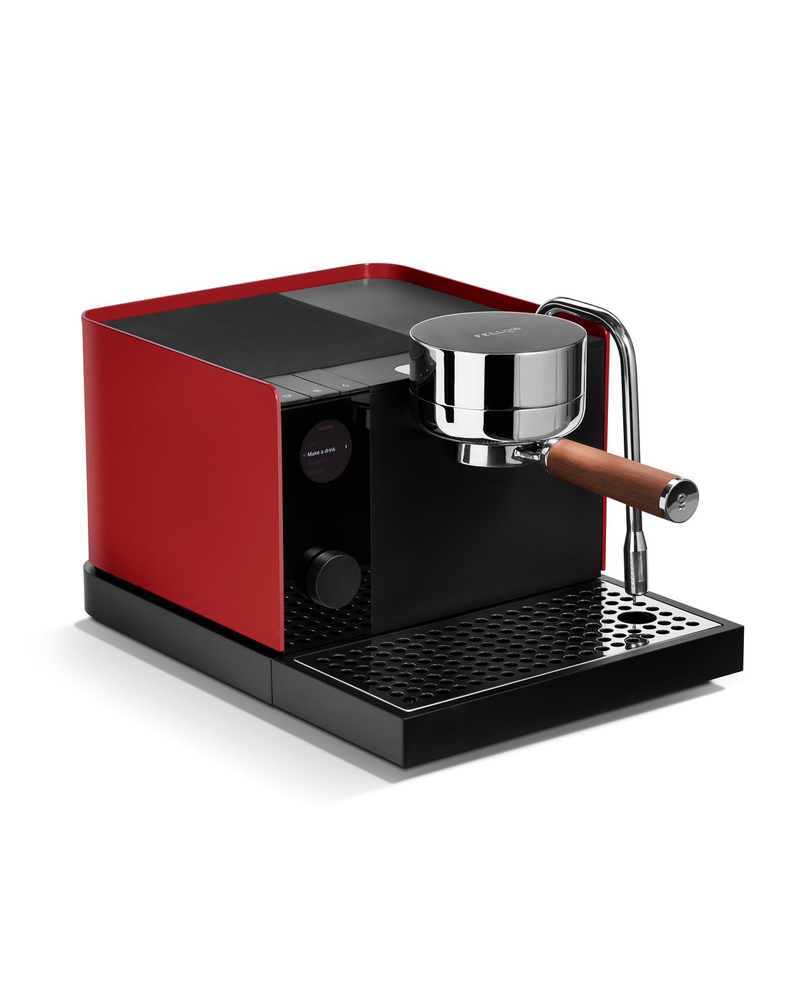 Fellow Espresso Series 1 in Cherry Red + Walnut features pressure control and wood portafilter.