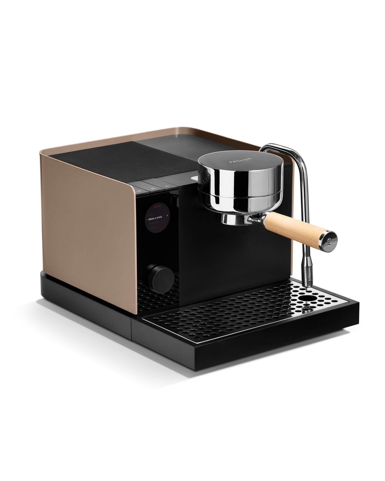 Fellow Espresso Series 1: pressure control, wood handle, minimalist design in Malted Chocolate + Maple.