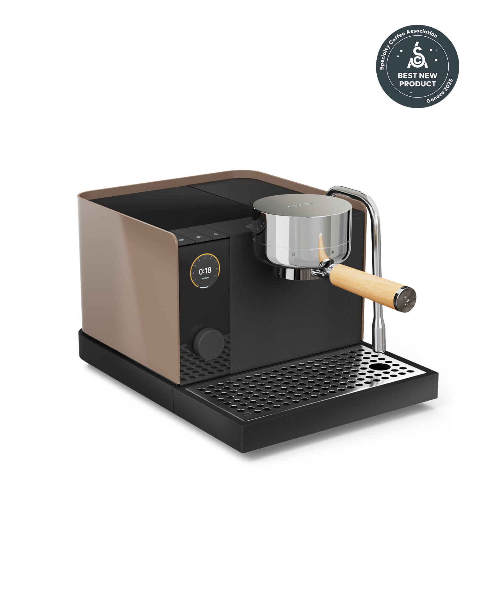 Fellow Espresso Series 1 in Malted Chocolate + Maple with digital display and wooden handle.