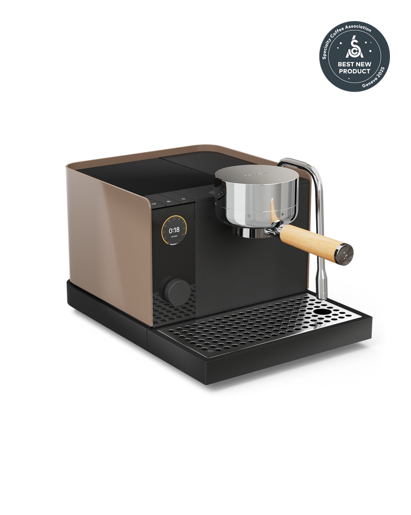 Fellow Espresso Series 1 in Malted Chocolate + Maple with digital display and wooden handle.
