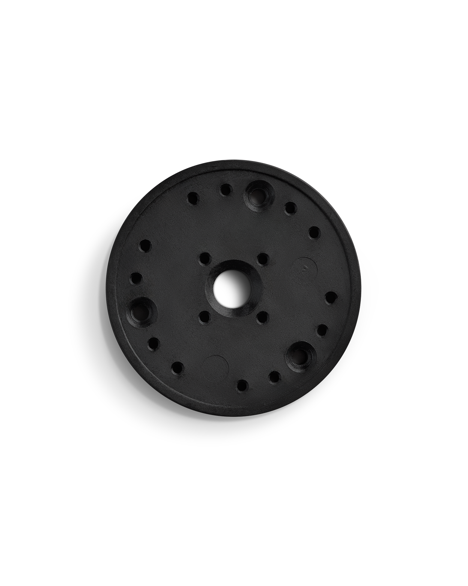 Fellow Espresso Series 1 Dispersion Block—round black plastic with multiple holes, top view.
