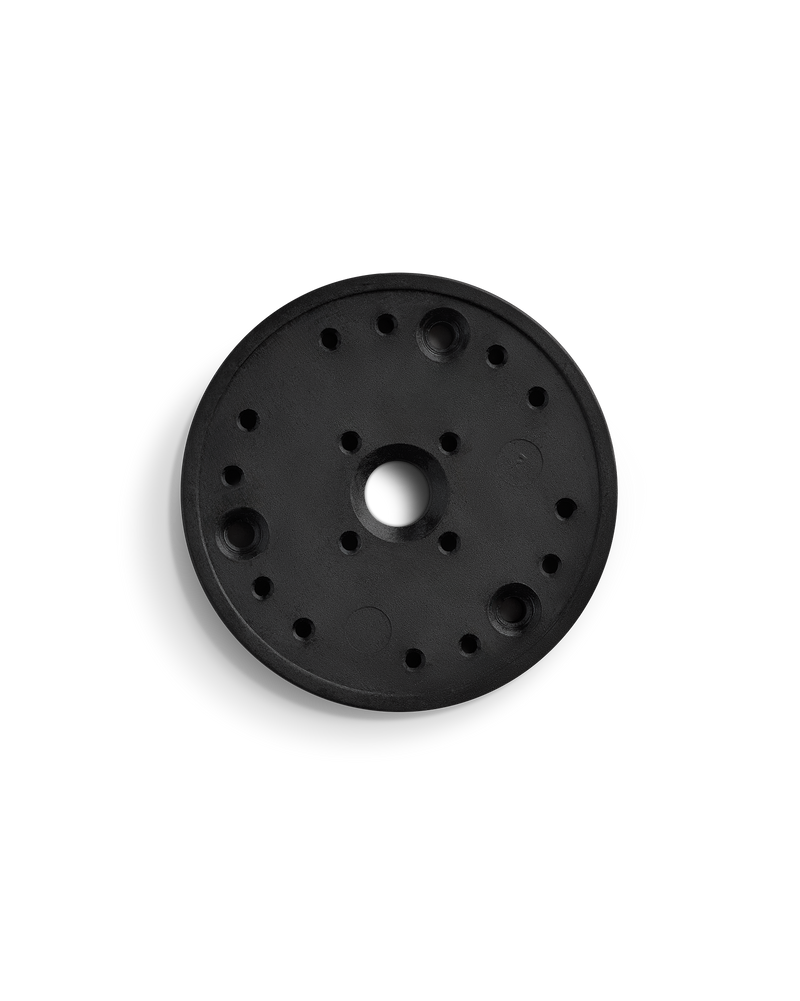 Fellow Espresso Series 1 Dispersion Block—round black plastic with multiple holes, top view.