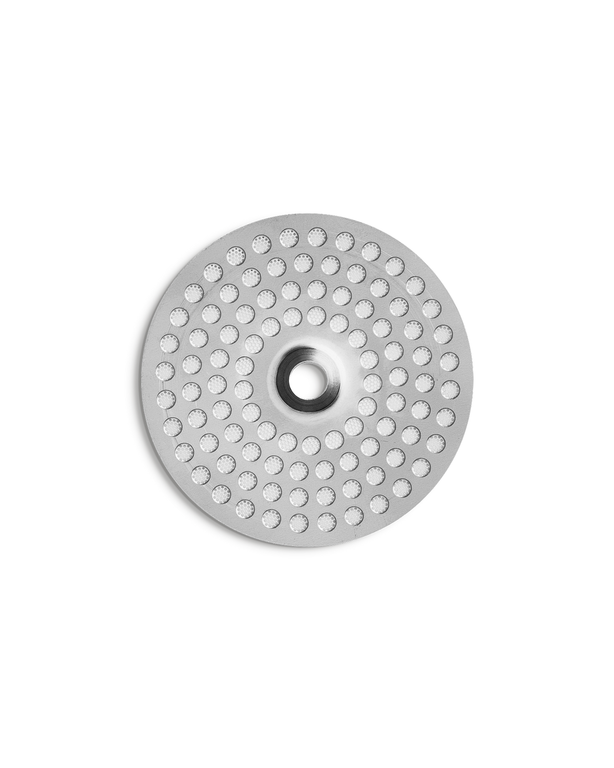 Fellow Espresso Series 1 round metal shower screen with evenly spaced holes, top view.