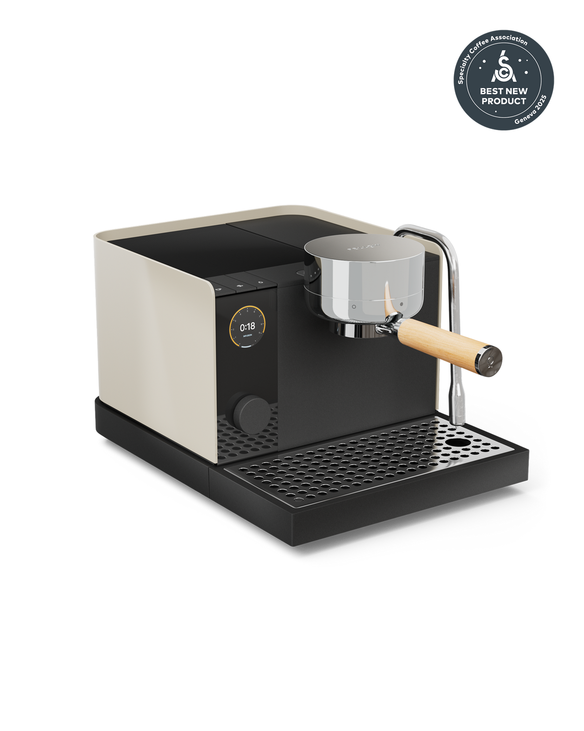 Fellow Espresso Series 1 in Sesame + Maple with wooden handle, digital display, award badge top right.