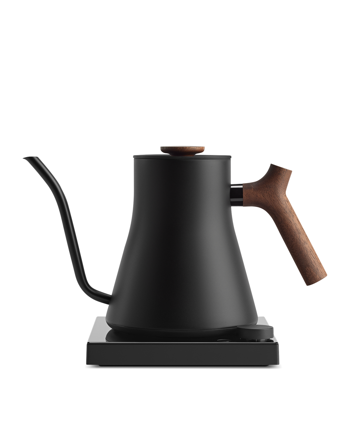 Fellow Rebrew Stagg EKG Pro Studio Kettle, matte black + walnut, electric gooseneck spout.