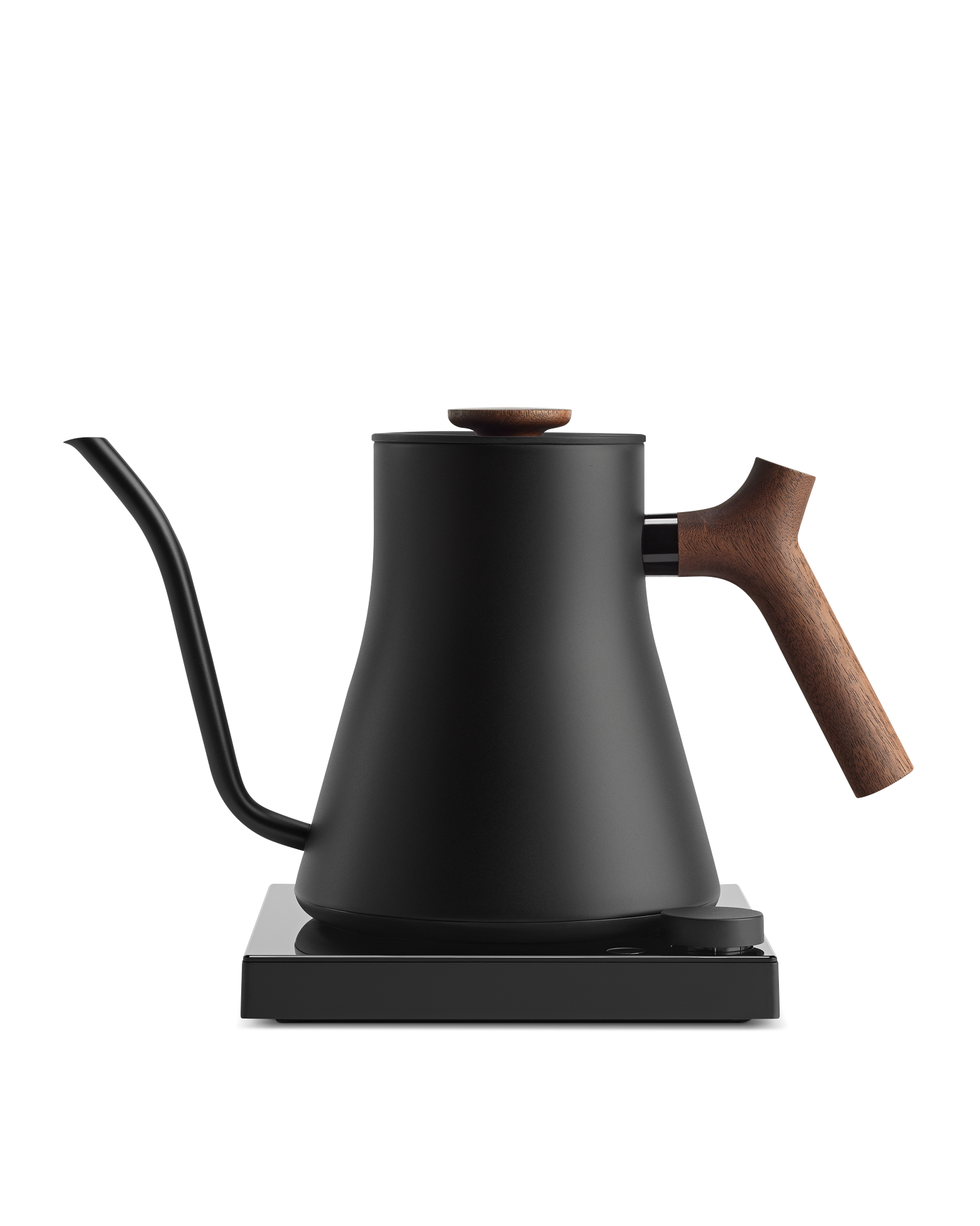 Fellow Rebrew Stagg EKG Pro Studio Kettle, matte black + walnut, electric gooseneck spout.