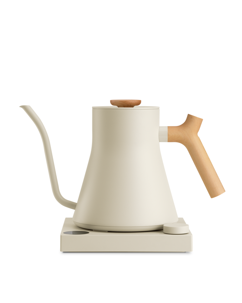 Fellow Stagg EKG Electric Kettle: fast-heating, matte, long spout, with wooden handle.
