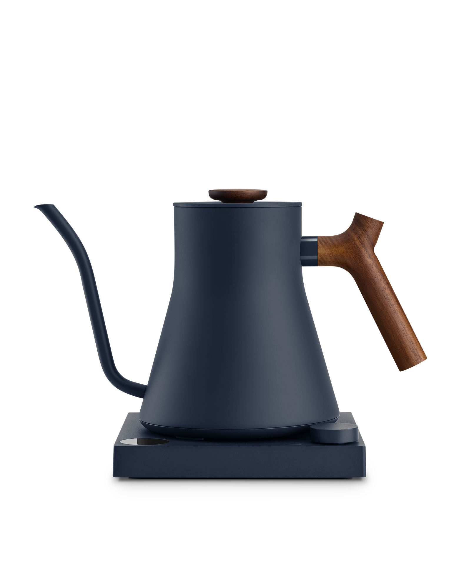 Fellow Stagg EKG electric kettle in matte navy with wooden handle, ideal for precise brewing.