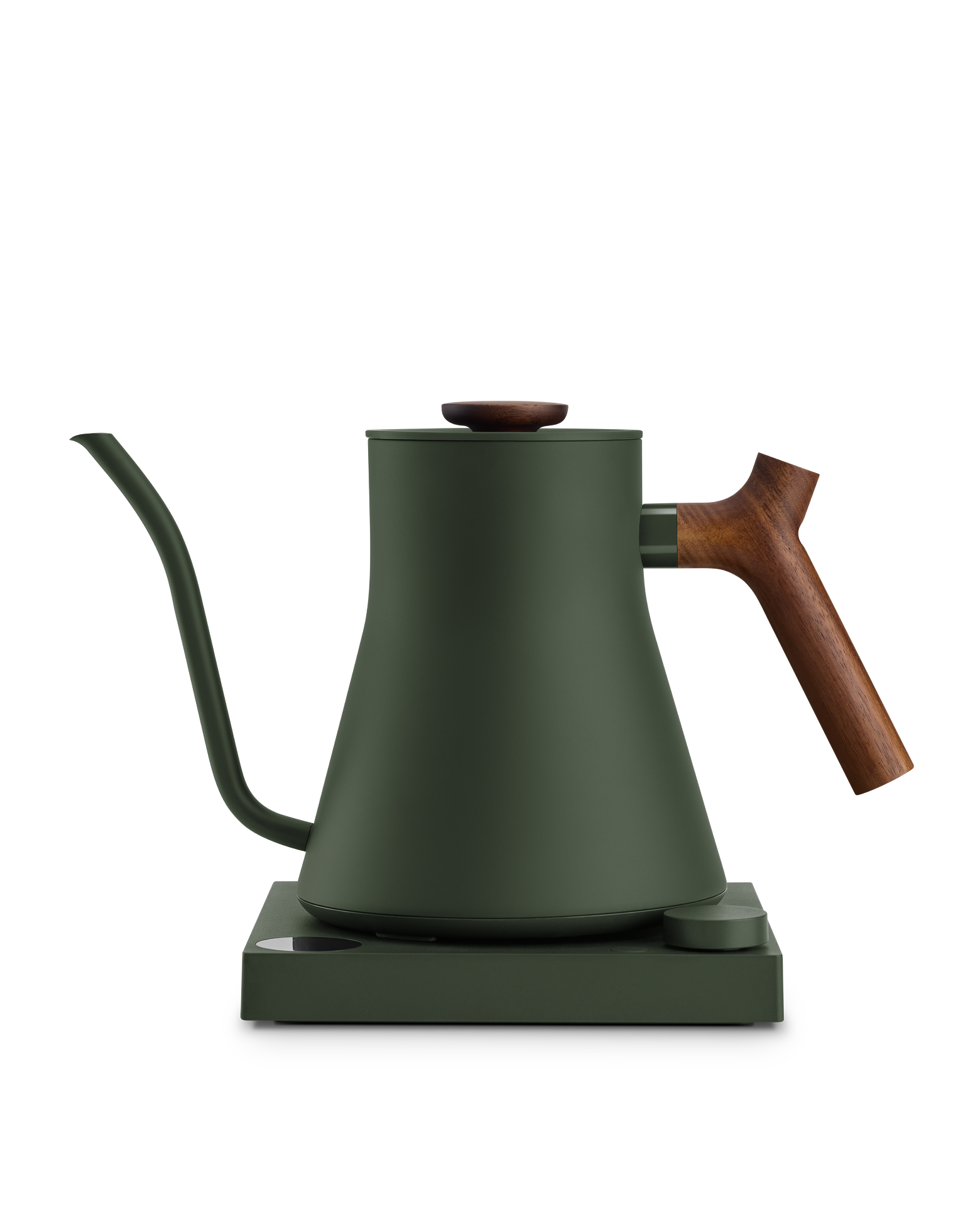 Fellow Stagg EKG matte green electric kettle with wood handle, gooseneck spout, and base.