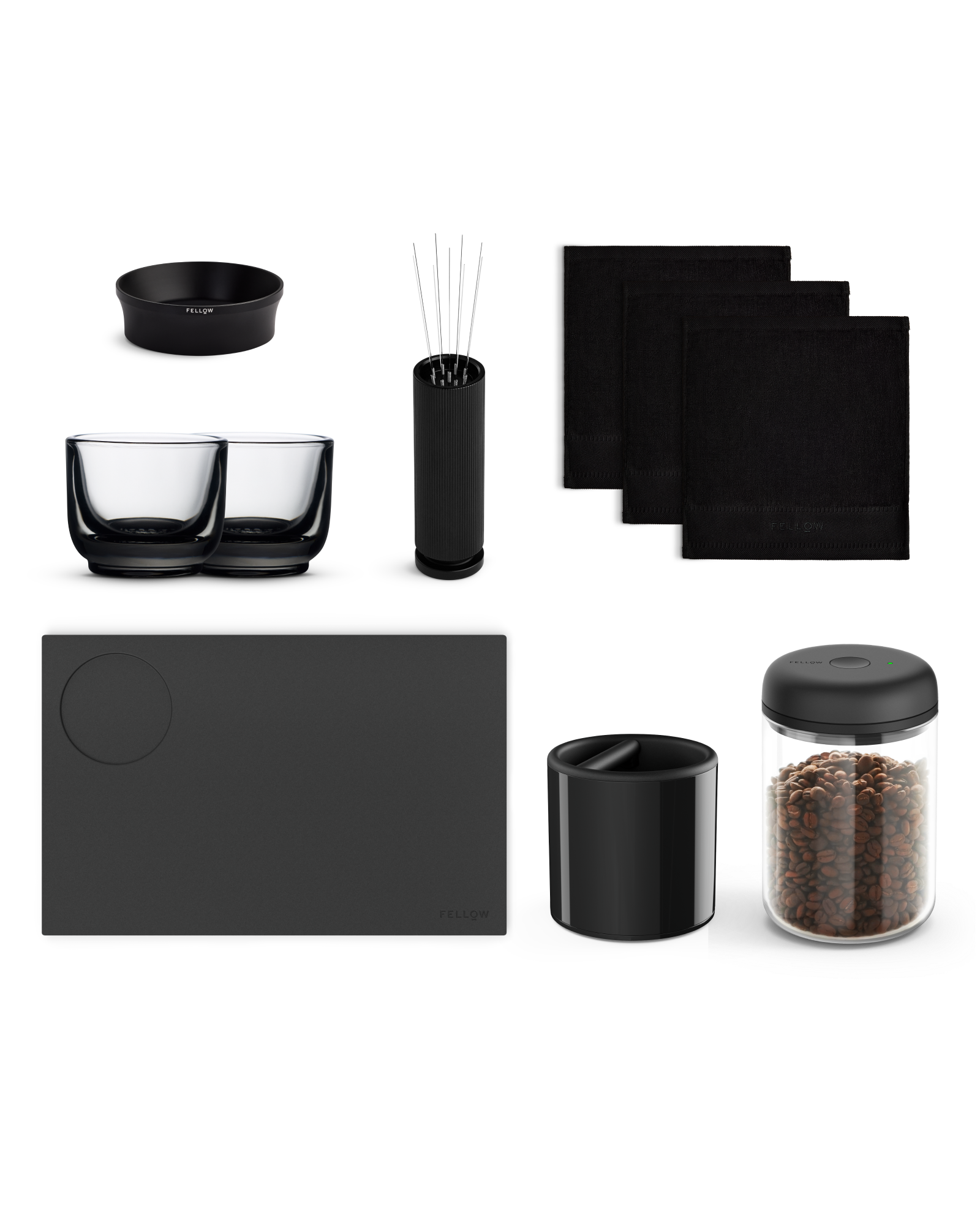 Fellow Complete Espresso Bundle: cups, napkins, tray, canister & accessories for black coffee.