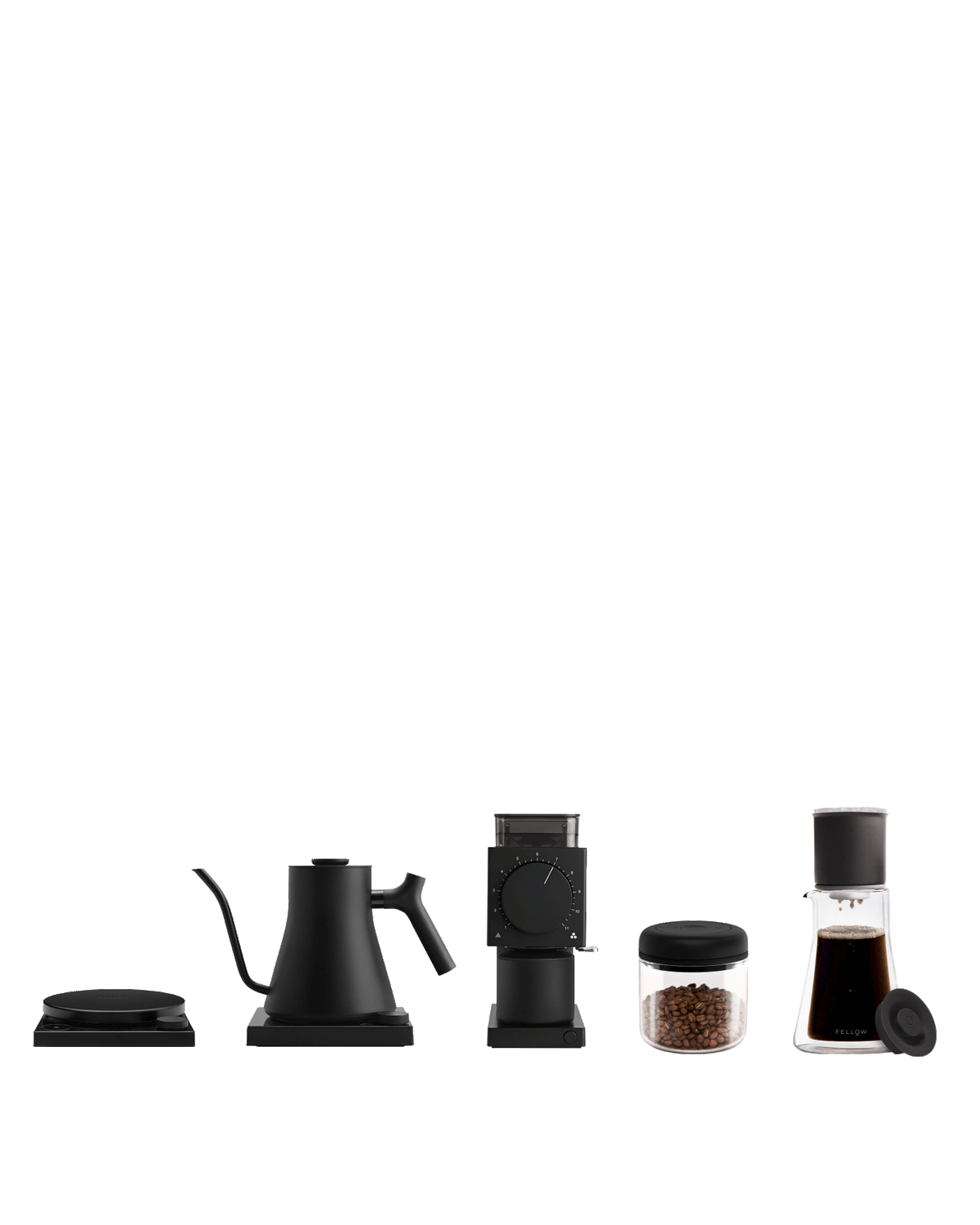 Fellow Build Your Own Brew Bar: scale, kettle, grinder, beans jar, and carafe included.