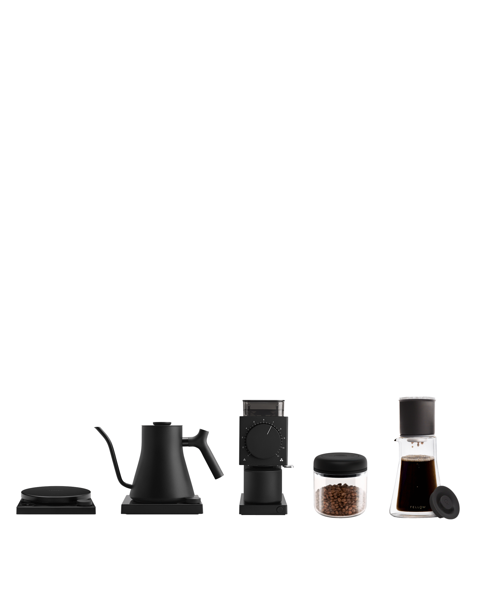 Fellow Build Your Own Brew Bar: scale, kettle, grinder, beans jar, and carafe included.