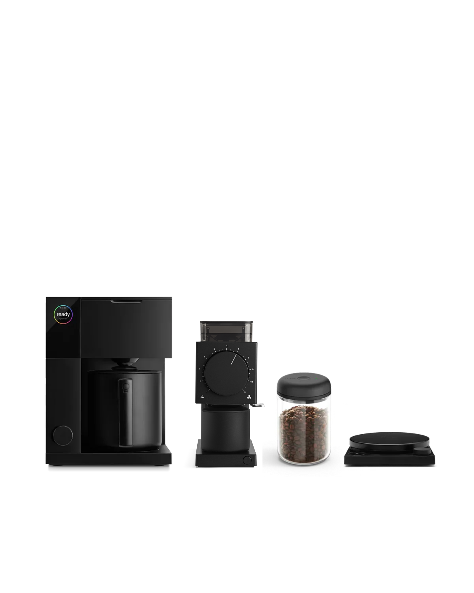 Fellow The Big Aiden Bundle: coffee maker, grinder, beans & scale, shown in white.