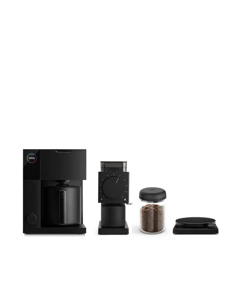 Fellow The Big Aiden Bundle: coffee maker, grinder, beans & scale, shown in white.