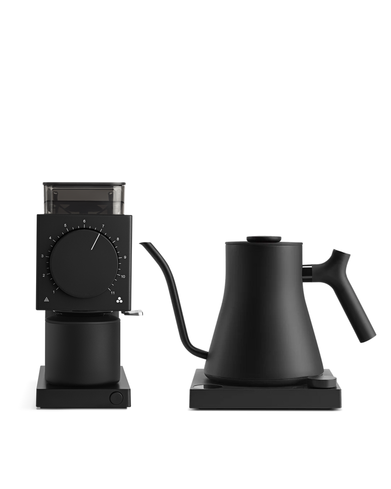 Fellow's The Electric Kit: sleek black kettle and grinder for home baristas, white background.