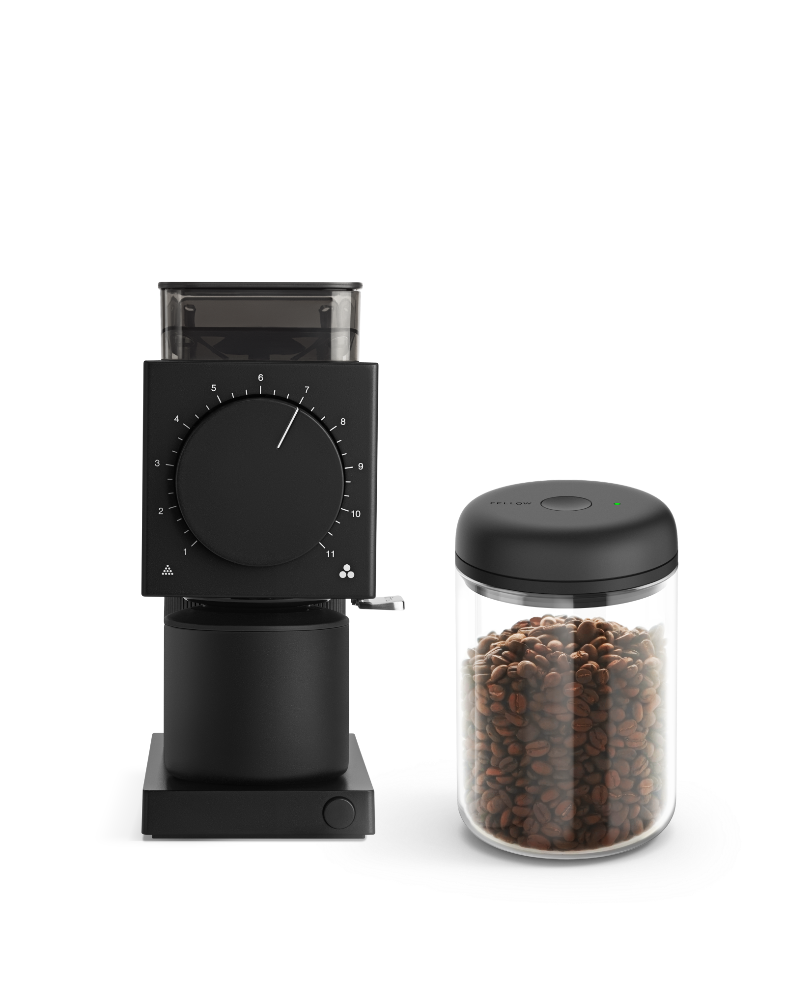 The Fellow Grind It Kit: a black coffee grinder with an airtight container for fresh beans.