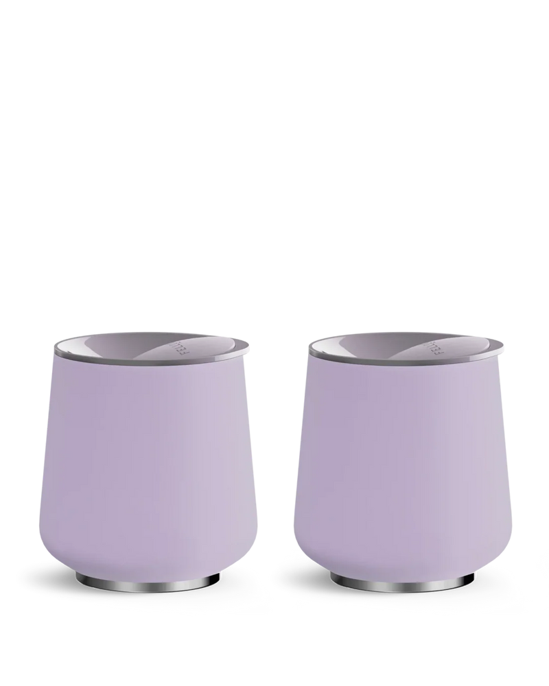 Two Peri Twinkle round steel wine tumblers from Fellow’s Picnic Set shown on a white background.