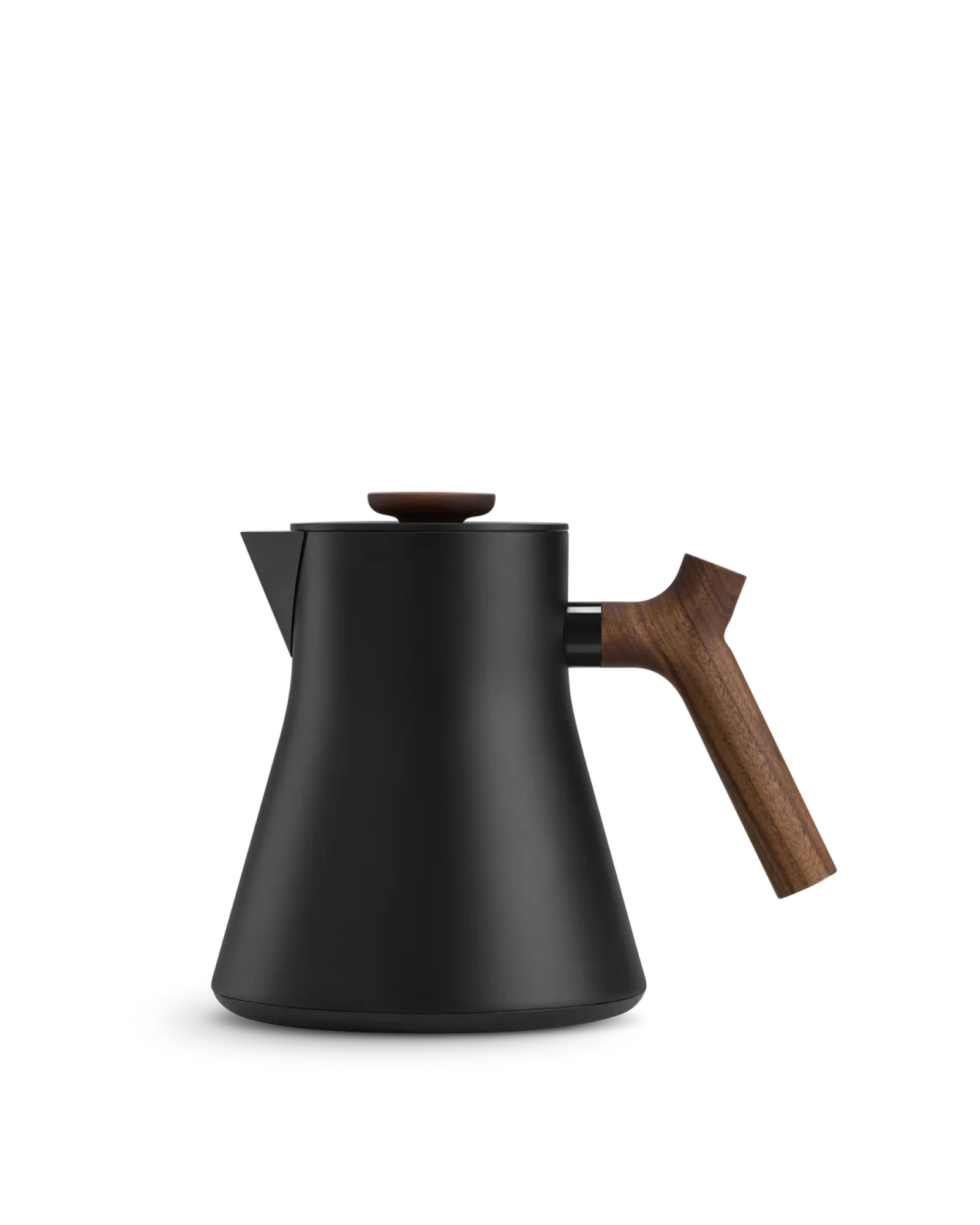 Corvo EKG Electric Kettle Body by Fellow, matte black + walnut, on a white background.
