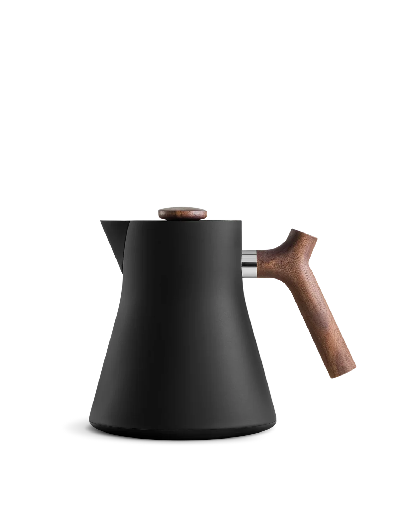 Fellow Corvo EKG Electric Kettle Body in matte black + walnut on a white background.