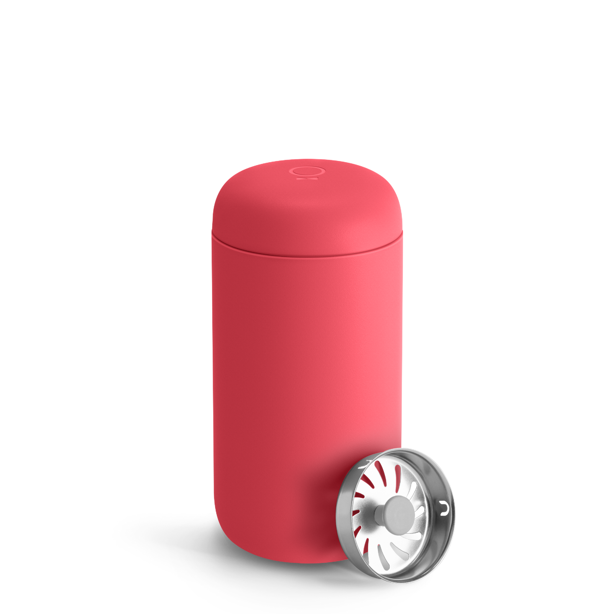 A Fellow Choose Your Carter tumbler in Coral Crush with a metal lid sits on a white background.