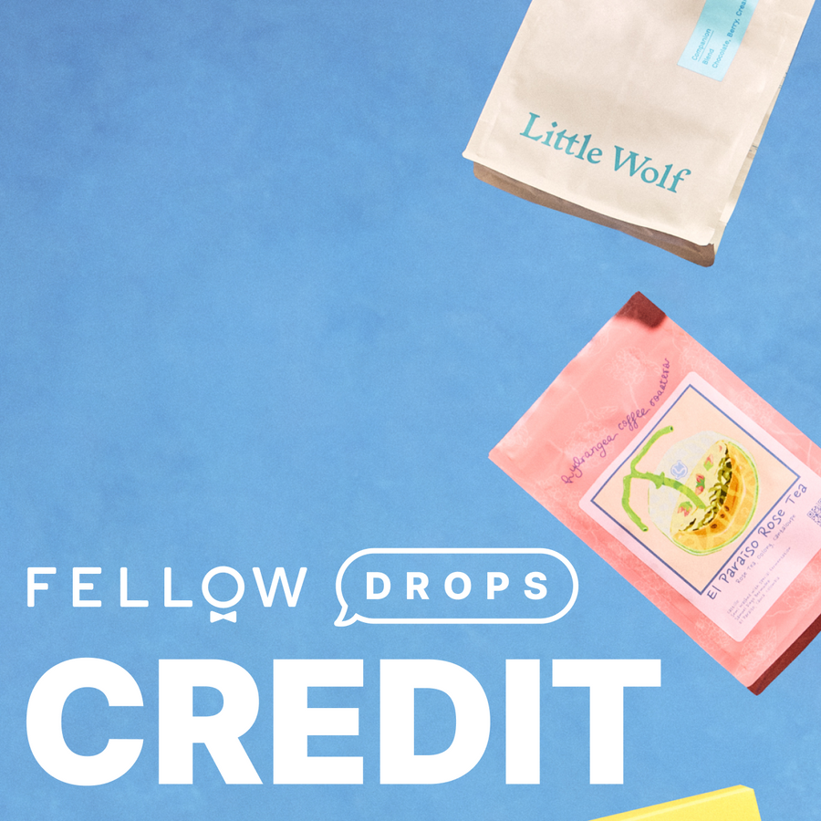 Fellow Drops Credit by Fellow, shown with two coffee bags on a blue background. - media